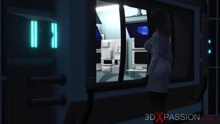 Sci-fi female android fucks an alien in the surgery room in the space station