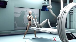 Sci-fi female android fucks an alien in the surgery room in the space station