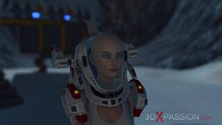 Alien sex. Spacewoman in spacesuit plays with alien on the exoplanet