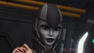 Sci-fi female android fucks a horny girl with a strapon in the spacecraft