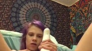 Purple haired teen on periscope using vibrator