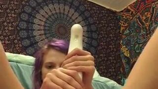 Purple haired teen on periscope using vibrator