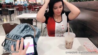Emanuelly Cumming in Public with interactive toy at Shopping Public female orgasm interactive toy girl with remote vibe outside
