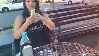 Naughty Cumming in Public with interactive toy Public female orgasm interactive toy girl with remote vibe outside