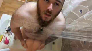 Tattooed and Bearded Viking Shower Time With A Tight Silicone Pussy
