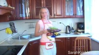 Kitchen cooking with Sarah Kimble and her small tits