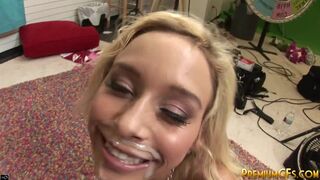 Blonde young teen sucks his big cock then she bends over and gets pussy fucked hardcore.