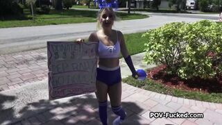 Getting sucked by blonde neighbor for money