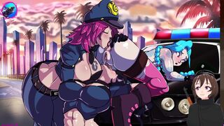 Vi Jinx e Caitlyn tendo uma orgia pública lésbica