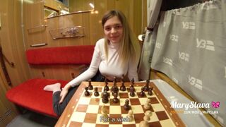 Sexy stranger girl was fucked in public train, after losing in chess